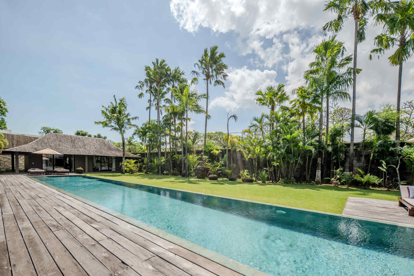 The full length of the lap pool seen from the deck end