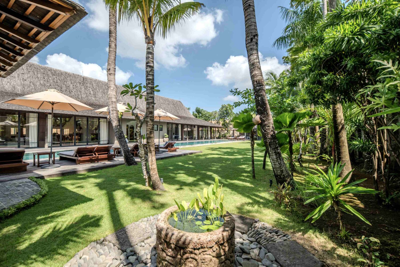 Palms above the lawn, with the bale beyond